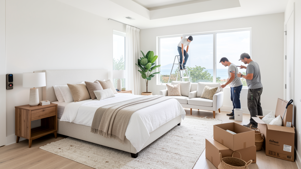 Professional vacation rental furnishing and launch setup team preparing a property