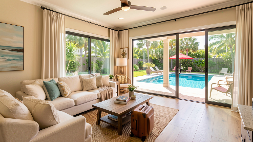 Bright family-friendly vacation rental living room with pool patio